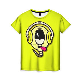 Женская футболка 3D с принтом Музыкальный червячок , 100% полиэфир ( синтетическое хлопкоподобное полотно) | прямой крой, круглый вырез горловины, длина до линии бедер | 3d | другие | желтый | картинка | минимализм | музыка | наушники | прикол | прикольные | смешно | смешные | цветные | червяк | язык | яркие