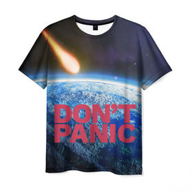 Мужская футболка 3D с принтом Без паники, метеорит , 100% полиэфир | прямой крой, круглый вырез горловины, длина до линии бедер | Тематика изображения на принте: do not panic | dont panic | апокалипсис | без паники | взрыв | гибель | земля | классная | комета | конец света | космос | крутая | метеорит | не надо | прикол | прикольная надпись | ужас