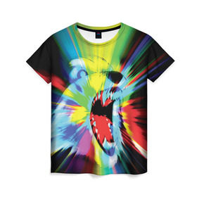 Женская футболка 3D с принтом Психоволк , 100% полиэфир ( синтетическое хлопкоподобное полотно) | прямой крой, круглый вырез горловины, длина до линии бедер | волк | зверь | зубы | психоделика | психоделический | собака | хищник