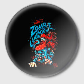 Значок с принтом Зомби ,  металл | круглая форма, металлическая застежка в виде булавки | Тематика изображения на принте: 3d | zombi | арт | другие | единорог | заяц | зомби | мозги | популярные | прикольные
