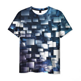 Мужская футболка 3D с принтом 3D куб , 100% полиэфир | прямой крой, круглый вырез горловины, длина до линии бедер | абстракция | геометрия | квадраты | металлический | синие | стальные | текстура | фигуры
