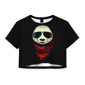 Женская футболка 3D укороченная с принтом Панда Хипстер , 100% полиэстер | круглая горловина, длина футболки до линии талии, рукава с отворотами | 3d | бандана | животные | медвежата | очки | панда хипстер | прикольные | стильные