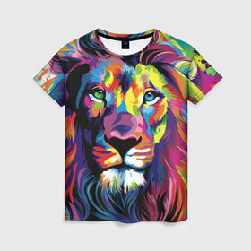 Женская футболка 3D с принтом Красочный лев , 100% полиэфир ( синтетическое хлопкоподобное полотно) | прямой крой, круглый вырез горловины, длина до линии бедер | краски | красочный лев | рисунок | узор