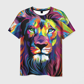 Мужская футболка 3D с принтом Красочный лев , 100% полиэфир | прямой крой, круглый вырез горловины, длина до линии бедер | краски | красочный лев | рисунок | узор