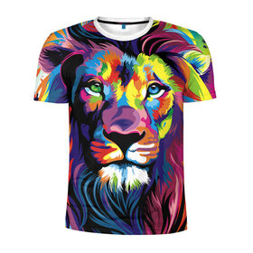 Мужская футболка 3D спортивная с принтом Красочный лев , 100% полиэстер с улучшенными характеристиками | приталенный силуэт, круглая горловина, широкие плечи, сужается к линии бедра | Тематика изображения на принте: краски | красочный лев | рисунок | узор