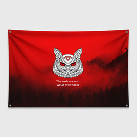 Флаг-баннер с принтом Twin Peaks , 100% полиэстер | размер 67 х 109 см, плотность ткани — 95 г/м2; по краям флага есть четыре люверса для крепления | twin peaks твин пикс | девид линч | лес | лора палмер | сова | туман