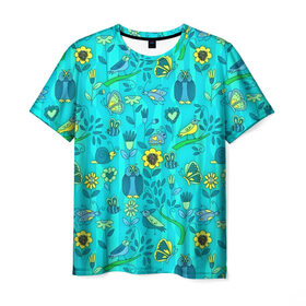 Мужская футболка 3D с принтом Flowers and birds , 100% полиэфир | прямой крой, круглый вырез горловины, длина до линии бедер | 3d | бабочки | другие | насекомые | прикольные | птицы | растения | сова | текстуры | узор | цветные | цветы | яркие
