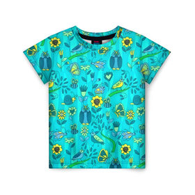 Детская футболка 3D с принтом Flowers and birds , 100% гипоаллергенный полиэфир | прямой крой, круглый вырез горловины, длина до линии бедер, чуть спущенное плечо, ткань немного тянется | 3d | бабочки | другие | насекомые | прикольные | птицы | растения | сова | текстуры | узор | цветные | цветы | яркие