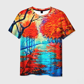 Мужская футболка 3D с принтом Autumn , 100% полиэфир | прямой крой, круглый вырез горловины, длина до линии бедер | 3d | вода | деревья | другие | желтый | живопись | картинка | краски | листья | осень | пейзаж | прикольные | природа | река | рисунок | яркие