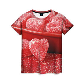Женская футболка 3D с принтом Мармеладные сердца , 100% полиэфир ( синтетическое хлопкоподобное полотно) | прямой крой, круглый вырез горловины, длина до линии бедер | еда | конфеты | красный | мармелад | сердечки | сладости