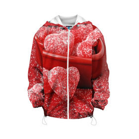 Детская куртка 3D с принтом Мармеладные сердца , 100% полиэстер | застежка — молния, подол и капюшон оформлены резинкой с фиксаторами, по бокам — два кармана без застежек, один потайной карман на груди, плотность верхнего слоя — 90 г/м2; плотность флисового подклада — 260 г/м2 | еда | конфеты | красный | мармелад | сердечки | сладости