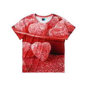 Детская футболка 3D с принтом Мармеладные сердца , 100% гипоаллергенный полиэфир | прямой крой, круглый вырез горловины, длина до линии бедер, чуть спущенное плечо, ткань немного тянется | Тематика изображения на принте: еда | конфеты | красный | мармелад | сердечки | сладости