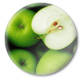 Значок с принтом Зеленые яблоки ,  металл | круглая форма, металлическая застежка в виде булавки | еда | зеленый | фрукты | яблоко