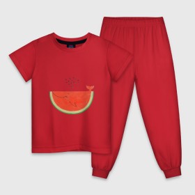 Детская пижама хлопок с принтом Кит Арбуз , 100% хлопок |  брюки и футболка прямого кроя, без карманов, на брюках мягкая резинка на поясе и по низу штанин
 | Тематика изображения на принте: арбуз | иллюзия | кит | лето | море | океан | принт | рыба | семечки | фонтан | фрукты | ягоды