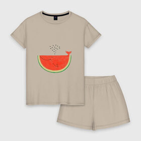 Женская пижама с шортиками хлопок с принтом Кит Арбуз , 100% хлопок | футболка прямого кроя, шорты свободные с широкой мягкой резинкой | арбуз | иллюзия | кит | лето | море | океан | принт | рыба | семечки | фонтан | фрукты | ягоды