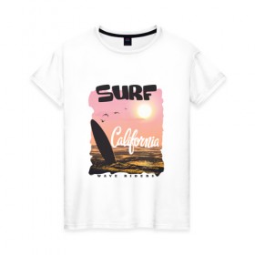 Женская футболка хлопок с принтом Surf California , 100% хлопок | прямой крой, круглый вырез горловины, длина до линии бедер, слегка спущенное плечо | 