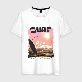 Мужская футболка хлопок с принтом Surf California , 100% хлопок | прямой крой, круглый вырез горловины, длина до линии бедер, слегка спущенное плечо. | 