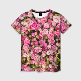 Женская футболка 3D с принтом Розовый рай , 100% полиэфир ( синтетическое хлопкоподобное полотно) | прямой крой, круглый вырез горловины, длина до линии бедер | Тематика изображения на принте: бутон | лепестки | роза | розовый | розочка | цветок | цветы