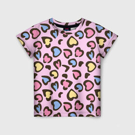 Детская футболка 3D с принтом Леопардовые сердечки , 100% гипоаллергенный полиэфир | прямой крой, круглый вырез горловины, длина до линии бедер, чуть спущенное плечо, ткань немного тянется | животные | леопард | леопардовый | принт | розовый | сердечко | сердце | текстура