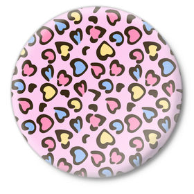 Значок с принтом Леопардовые сердечки ,  металл | круглая форма, металлическая застежка в виде булавки | животные | леопард | леопардовый | принт | розовый | сердечко | сердце | текстура