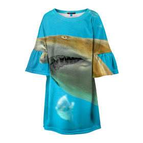 Детское платье 3D с принтом Тигровая акула , 100% полиэстер | прямой силуэт, чуть расширенный к низу. Круглая горловина, на рукавах — воланы | голубое море | океан | рыба