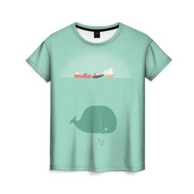 Женская футболка 3D с принтом Кит с корабликами , 100% полиэфир ( синтетическое хлопкоподобное полотно) | прямой крой, круглый вырез горловины, длина до линии бедер | Тематика изображения на принте: кит | корабли | лодки | море | океан | шарики | якорь | якоря