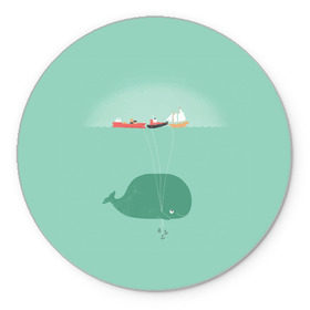 Коврик круглый с принтом Кит с корабликами , резина и полиэстер | круглая форма, изображение наносится на всю лицевую часть | кит | корабли | лодки | море | океан | шарики | якорь | якоря