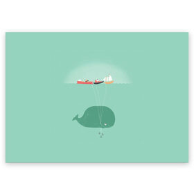 Поздравительная открытка с принтом Кит с корабликами , 100% бумага | плотность бумаги 280 г/м2, матовая, на обратной стороне линовка и место для марки
 | кит | корабли | лодки | море | океан | шарики | якорь | якоря