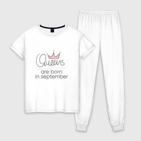 Женская пижама хлопок с принтом Королевы рождаются в сентябре , 100% хлопок | брюки и футболка прямого кроя, без карманов, на брюках мягкая резинка на поясе и по низу штанин | queen september