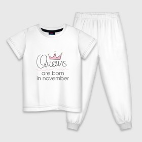 Детская пижама хлопок с принтом Королевы рождаются в ноябре , 100% хлопок |  брюки и футболка прямого кроя, без карманов, на брюках мягкая резинка на поясе и по низу штанин
 | Тематика изображения на принте: queen november