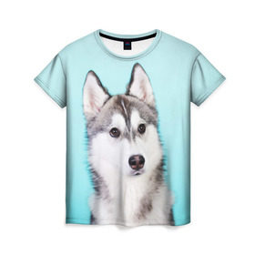 Женская футболка 3D с принтом Blue , 100% полиэфир ( синтетическое хлопкоподобное полотно) | прямой крой, круглый вырез горловины, длина до линии бедер | dog | бандит | пес | собака | хаски | хаски бандит | щеночек