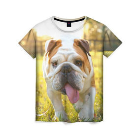 Женская футболка 3D с принтом Funny Dog , 100% полиэфир ( синтетическое хлопкоподобное полотно) | прямой крой, круглый вырез горловины, длина до линии бедер | dog | английский бульдог | пес | собака