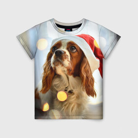 Детская футболка 3D с принтом Рождество , 100% гипоаллергенный полиэфир | прямой крой, круглый вырез горловины, длина до линии бедер, чуть спущенное плечо, ткань немного тянется | Тематика изображения на принте: dog | кавалер кинг чарльз спаниель | новый год | пес | рождество | собака