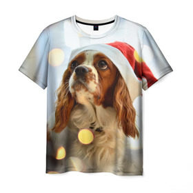 Мужская футболка 3D с принтом Рождество , 100% полиэфир | прямой крой, круглый вырез горловины, длина до линии бедер | dog | кавалер кинг чарльз спаниель | новый год | пес | рождество | собака