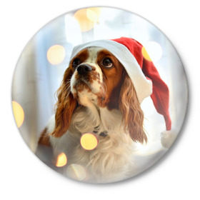 Значок с принтом Рождество ,  металл | круглая форма, металлическая застежка в виде булавки | dog | кавалер кинг чарльз спаниель | новый год | пес | рождество | собака