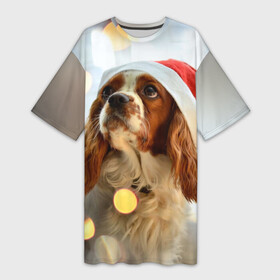 Платье-футболка 3D с принтом Рождество ,  |  | Тематика изображения на принте: dog | кавалер кинг чарльз спаниель | новый год | пес | рождество | собака