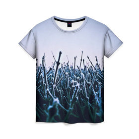 Женская футболка 3D с принтом Frosty nature , 100% полиэфир ( синтетическое хлопкоподобное полотно) | прямой крой, круглый вырез горловины, длина до линии бедер | Тематика изображения на принте: 3d | абстракция | в воде | вода | другие | капли | новые | популярные | прикольные | растения | стекло | текстуры | яркие