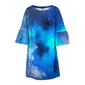 Детское платье 3D с принтом Космический свет , 100% полиэстер | прямой силуэт, чуть расширенный к низу. Круглая горловина, на рукавах — воланы | синий