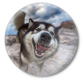Значок с принтом Smile ,  металл | круглая форма, металлическая застежка в виде булавки | dog | лабрадор | мопс | пес | собака | такса | хаски | щеночек