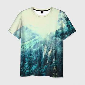 Мужская футболка 3D с принтом Туманный лес , 100% полиэфир | прямой крой, круглый вырез горловины, длина до линии бедер | 3d | горы | деревья | другие | лес | лето | пейзаж | прикольные | природа | туман | холм | цветные | яркие