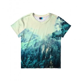 Детская футболка 3D с принтом Туманный лес , 100% гипоаллергенный полиэфир | прямой крой, круглый вырез горловины, длина до линии бедер, чуть спущенное плечо, ткань немного тянется | 3d | горы | деревья | другие | лес | лето | пейзаж | прикольные | природа | туман | холм | цветные | яркие