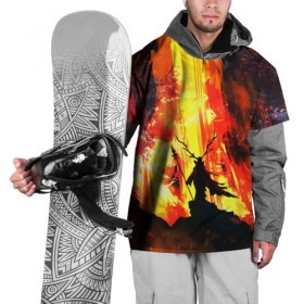 Накидка на куртку 3D с принтом Колдун , 100% полиэстер |  | волшебник | вулкан | горы | камни | копьё | лава | огонь | пламя | рога | фантастика | шаман
