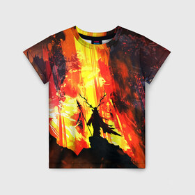 Детская футболка 3D с принтом Колдун , 100% гипоаллергенный полиэфир | прямой крой, круглый вырез горловины, длина до линии бедер, чуть спущенное плечо, ткань немного тянется | Тематика изображения на принте: волшебник | вулкан | горы | камни | копьё | лава | огонь | пламя | рога | фантастика | шаман