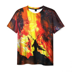 Мужская футболка 3D с принтом Колдун , 100% полиэфир | прямой крой, круглый вырез горловины, длина до линии бедер | Тематика изображения на принте: волшебник | вулкан | горы | камни | копьё | лава | огонь | пламя | рога | фантастика | шаман