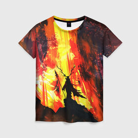 Женская футболка 3D с принтом Колдун , 100% полиэфир ( синтетическое хлопкоподобное полотно) | прямой крой, круглый вырез горловины, длина до линии бедер | волшебник | вулкан | горы | камни | копьё | лава | огонь | пламя | рога | фантастика | шаман