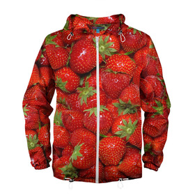 Мужская ветровка 3D с принтом Клубничка , 100% полиэстер | подол и капюшон оформлены резинкой с фиксаторами, два кармана без застежек по бокам, один потайной карман на груди | еда | клубника | красный | сладкое | текстура | фрукты | ягоды
