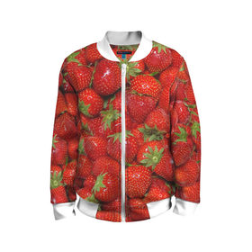Детский бомбер 3D с принтом Клубничка , 100% полиэстер | застегивается на молнию, по бокам два кармана без застежек, мягкие манжеты, по низу бомбера и на воротнике — эластичная резинка | еда | клубника | красный | сладкое | текстура | фрукты | ягоды