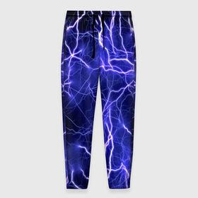 Мужские брюки 3D с принтом Молнии , 100% полиэстер | манжеты по низу, эластичный пояс регулируется шнурком, по бокам два кармана без застежек, внутренняя часть кармана из мелкой сетки | Тематика изображения на принте: ток | фиолетовый | электричество