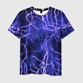 Мужская футболка 3D с принтом Молнии , 100% полиэфир | прямой крой, круглый вырез горловины, длина до линии бедер | ток | фиолетовый | электричество