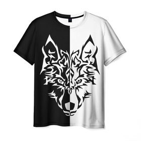Мужская футболка 3D с принтом Двуликий волк , 100% полиэфир | прямой крой, круглый вырез горловины, длина до линии бедер | монохромный | тату | черно белый